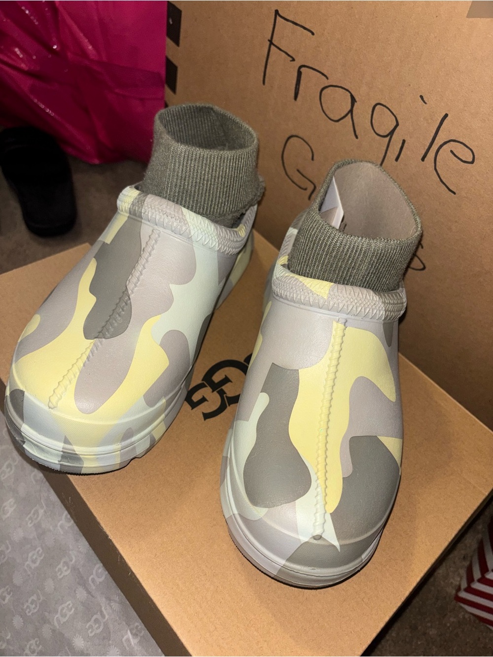 UGG Kids Camouflage Slip-On Sneakers in Gray & Pale Yellow